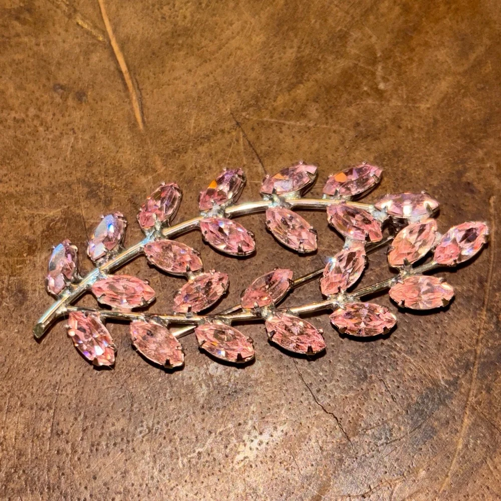 2 Brooches for 30 RHINESTONE DOUBLE LEAF SIGNED B DAVID ROSE PINK RHINESTONE
